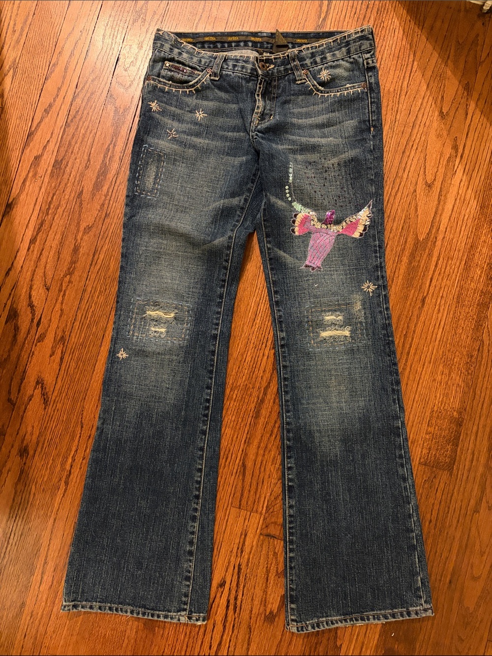 Women’s Dark Wash Boot Cut Jeans with Pink Embroidered Angel Detail
